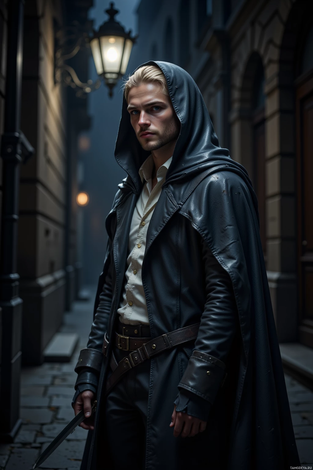 A man in a hooded cloak and leather outfit stands in a dimly lit alleyway.