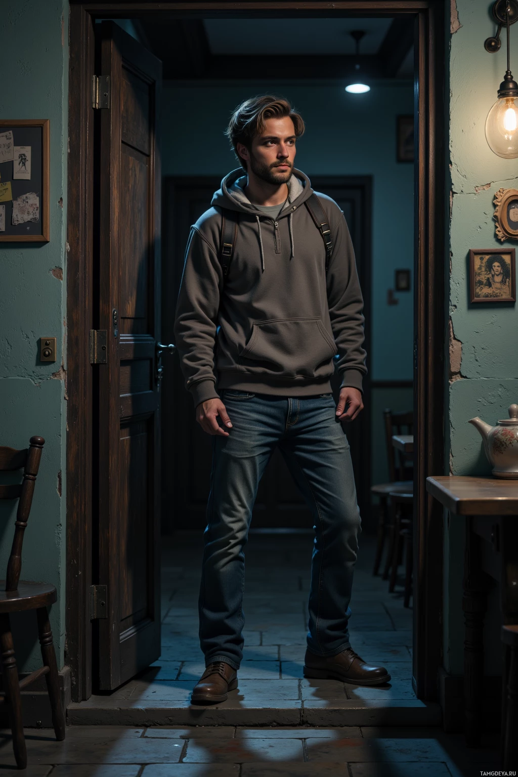 A man stands in a doorway, wearing a hoodie and jeans, in a dimly lit room with rustic decor.