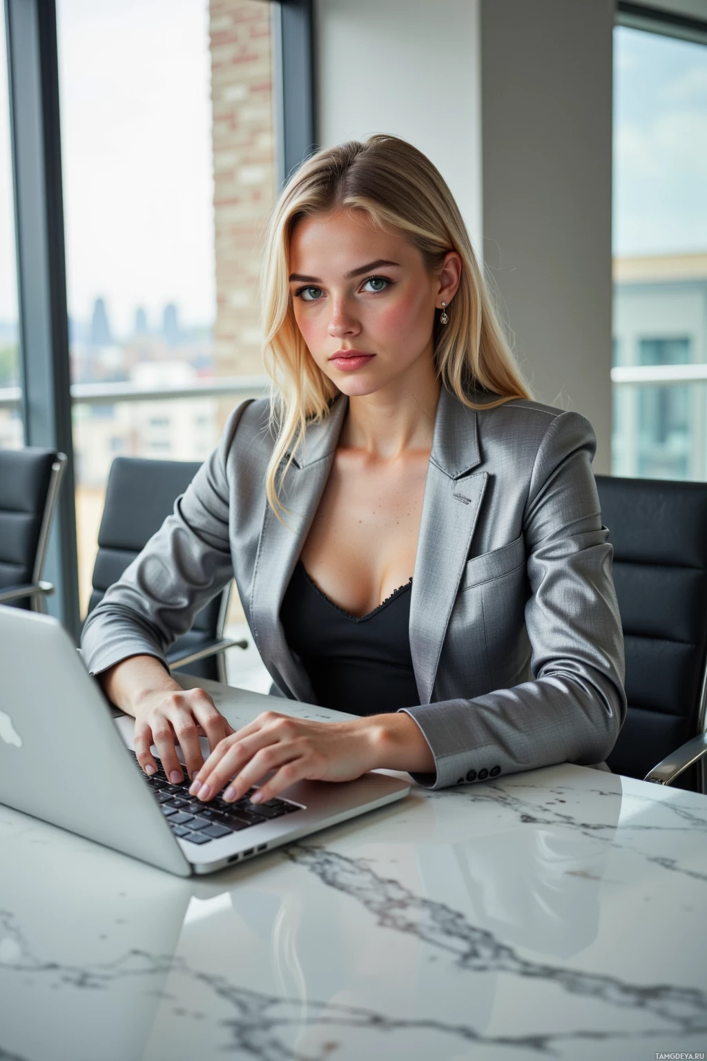 A woman in a professional setting is typing on a laptop.