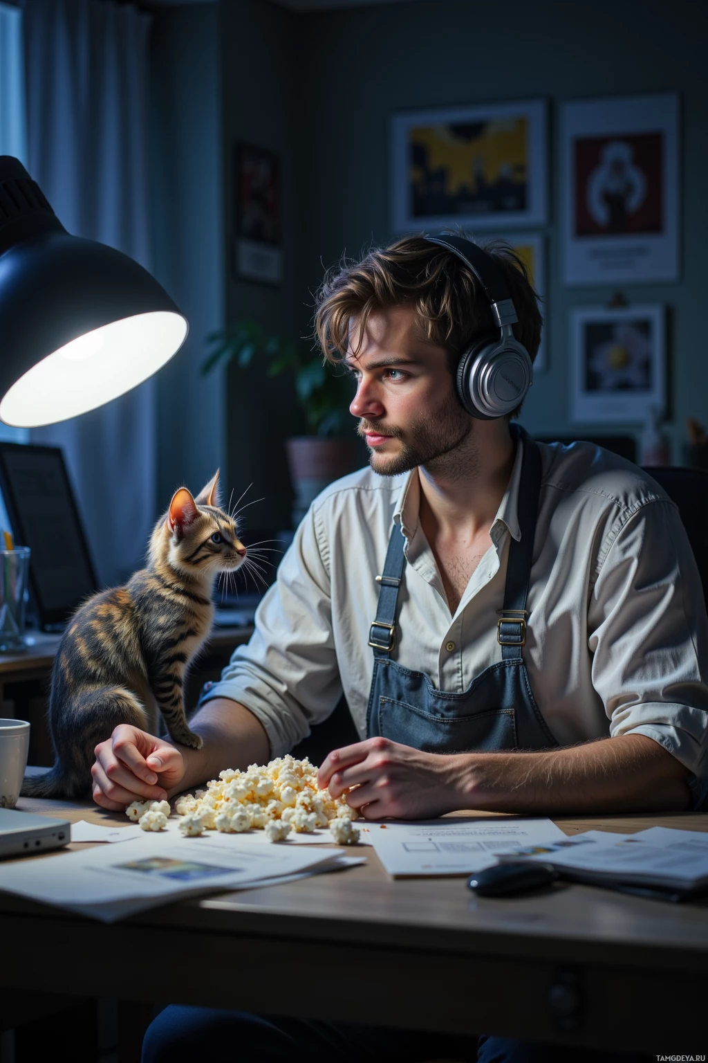 A man wearing headphones sits at a desk with a cat, eating popcorn.