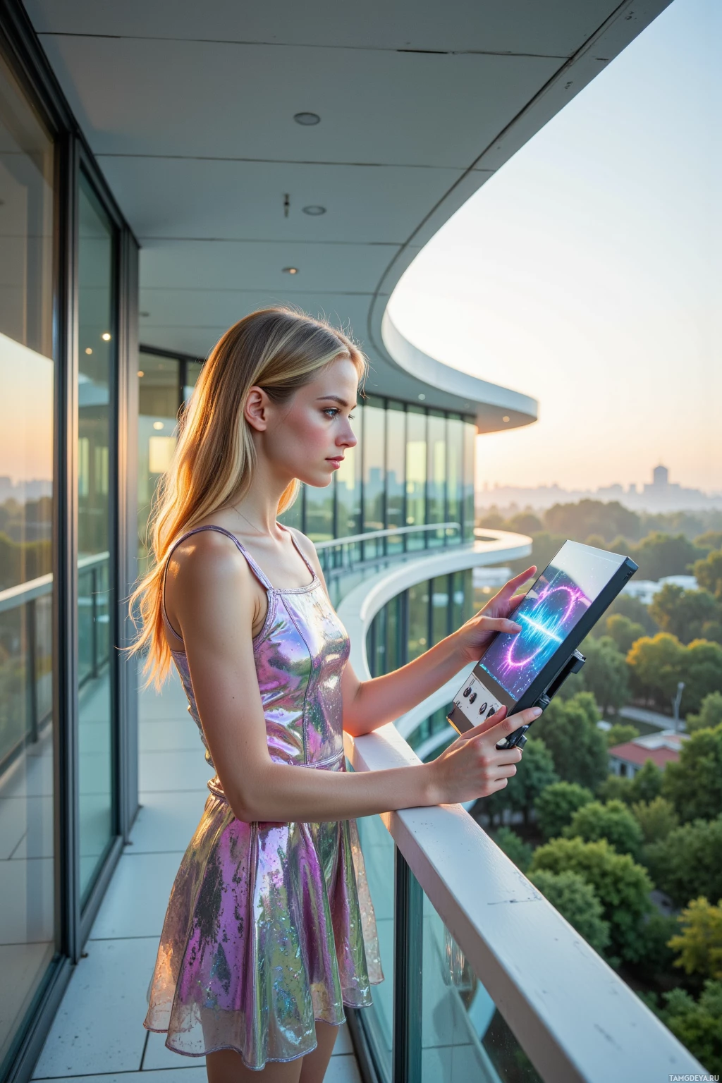 A woman in a shiny dress stands on a balcony, holding a tablet with glowing patterns.