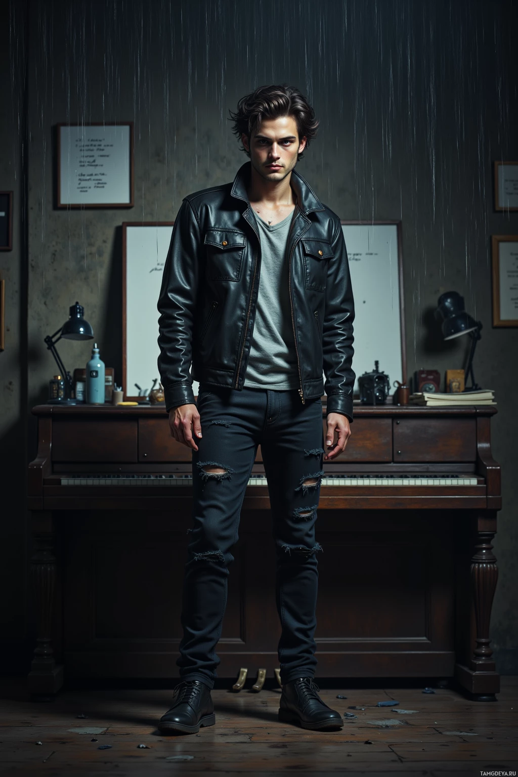 A man stands in a dimly lit room, wearing a leather jacket and ripped jeans, with a piano and desk in the background.