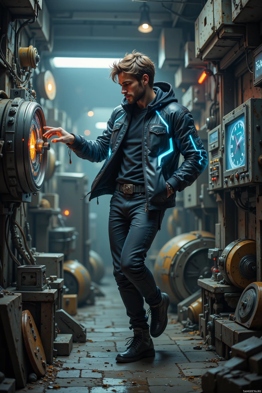 A man in a leather jacket stands in a dimly lit industrial setting, interacting with machinery.