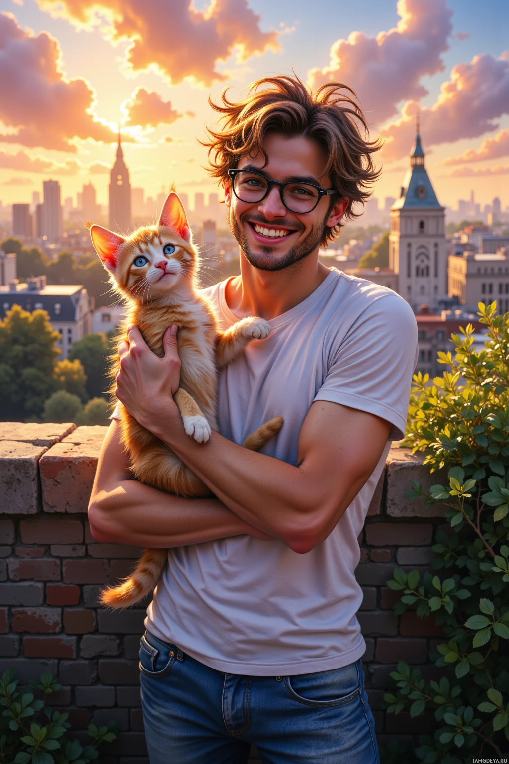 A man holds a kitten while standing outdoors with a cityscape and sunset in the background.