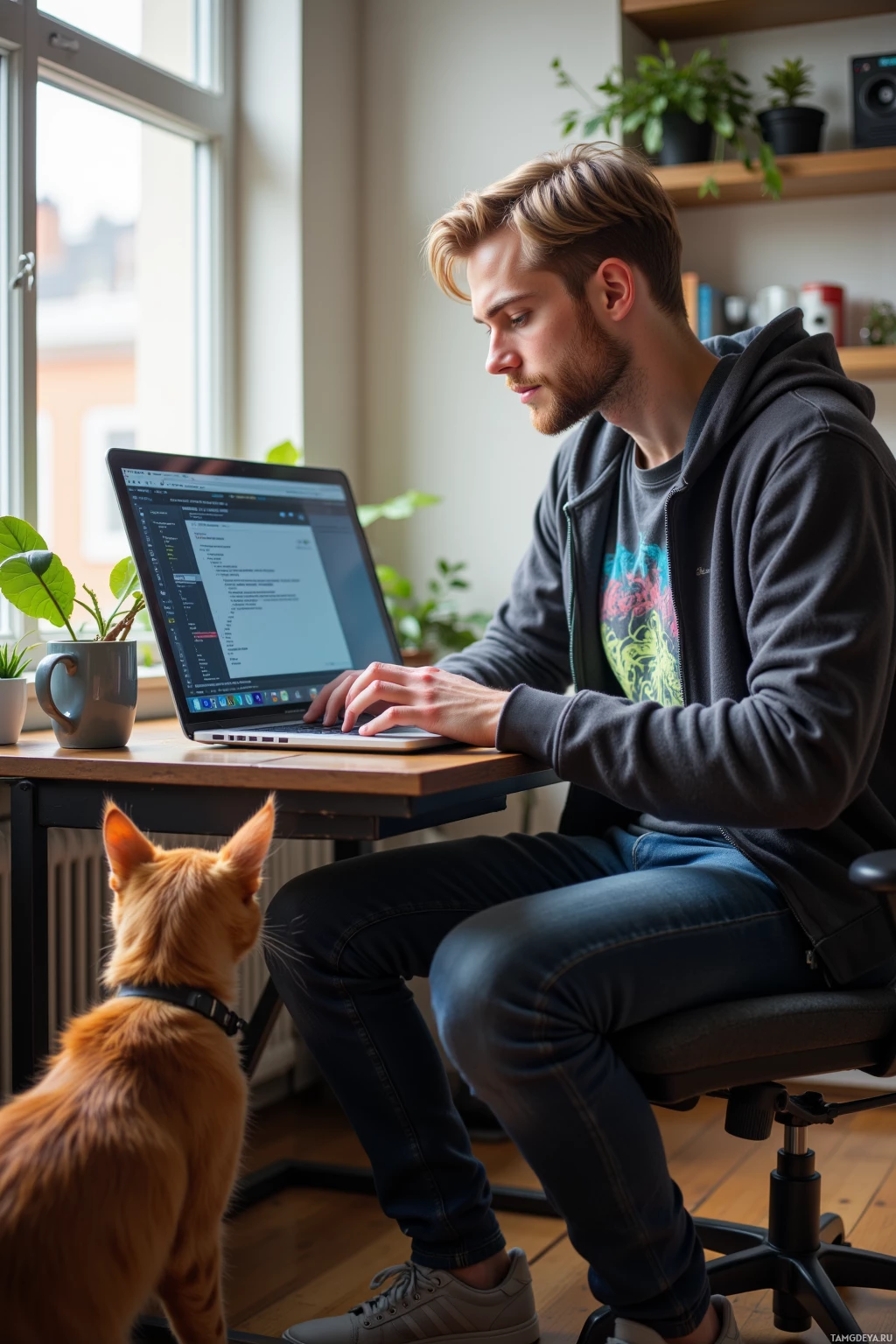 A person works on a laptop at a desk with a cat sitting nearby.