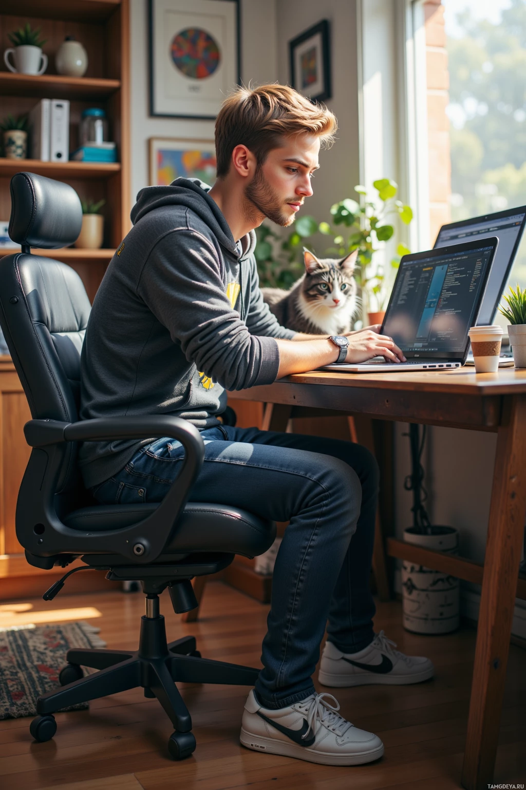 A person sits at a desk working on a laptop with a cat nearby.