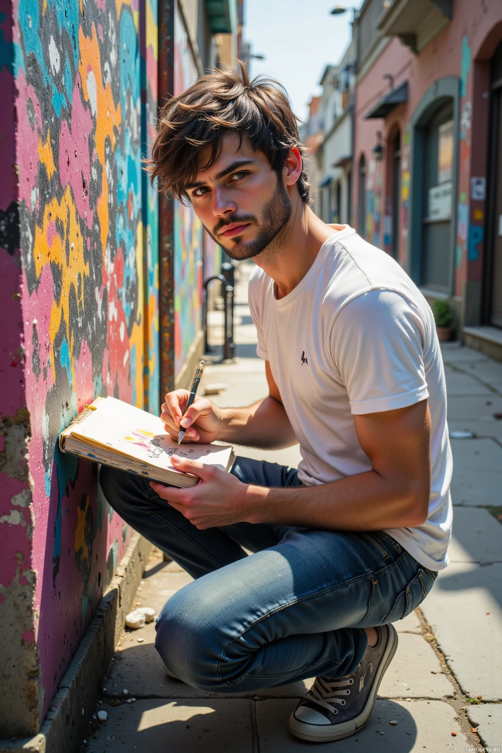 A person crouches against a colorful wall, holding a notebook and pen.