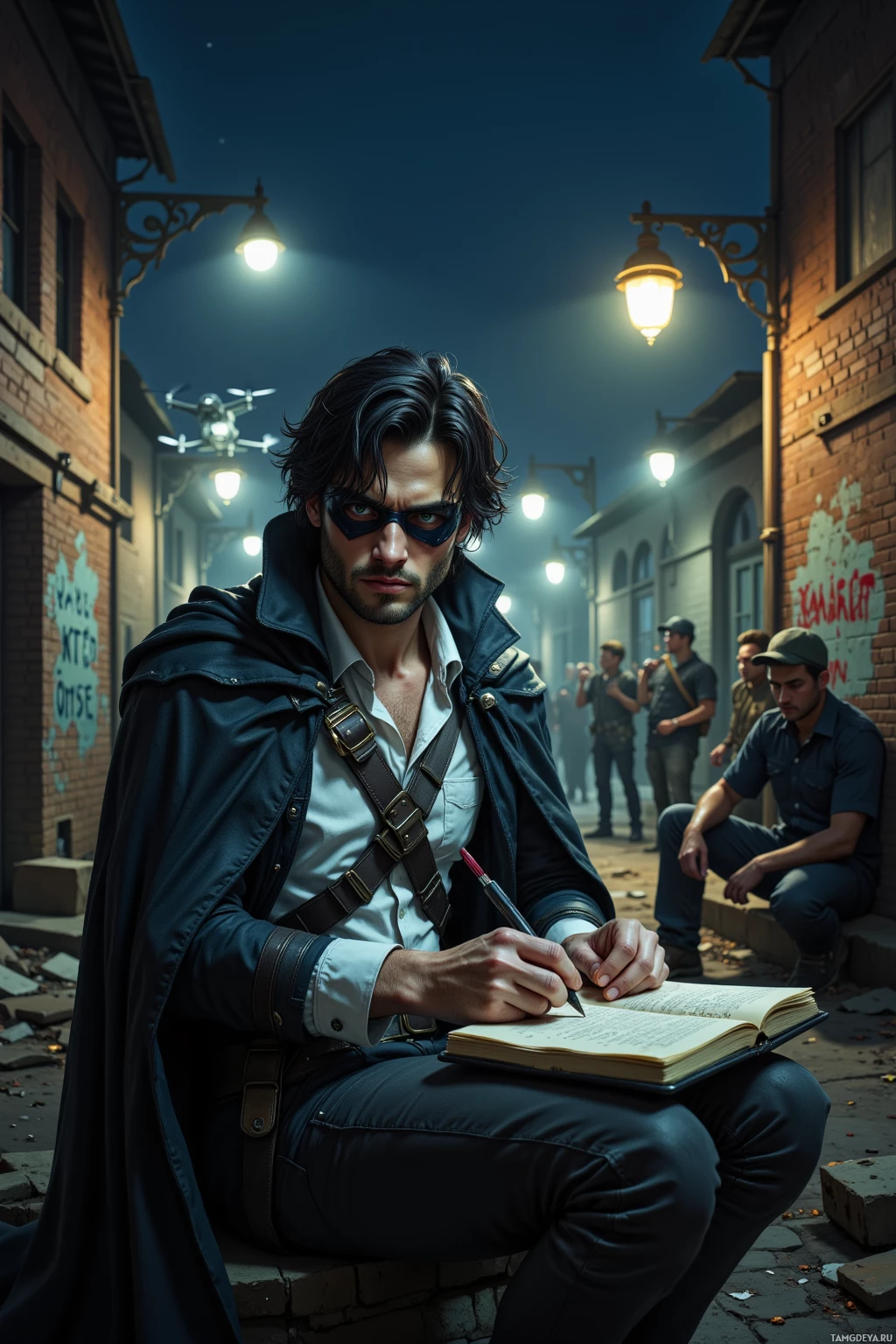 A man in a cloak and mask sits on a ledge, writing in a notebook under streetlights.