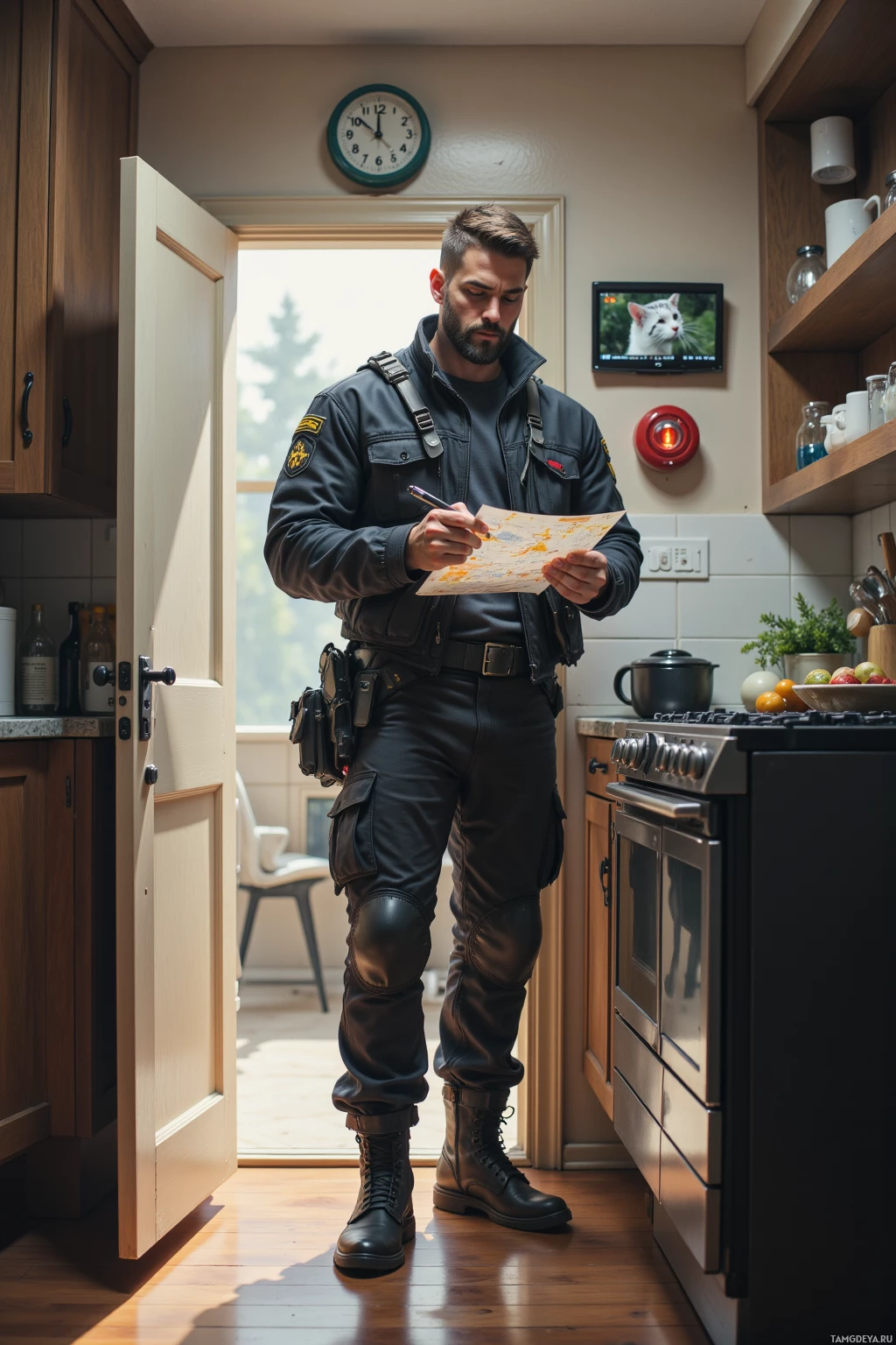 A man in uniform stands in a kitchen, examining a document.
