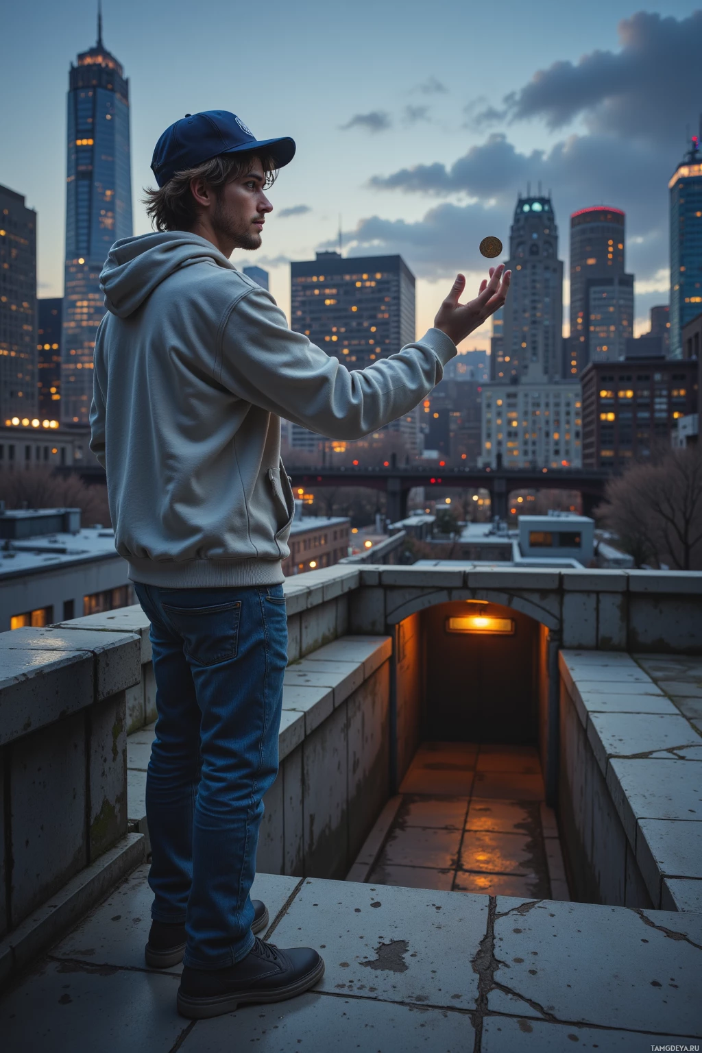 A person stands on a rooftop, gazing at a cityscape with illuminated buildings at dusk.