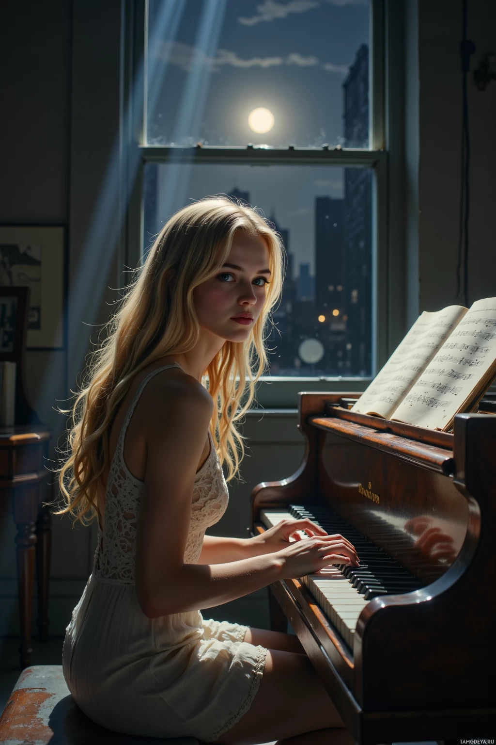 A young woman plays the piano by a window with a cityscape and moonlight.