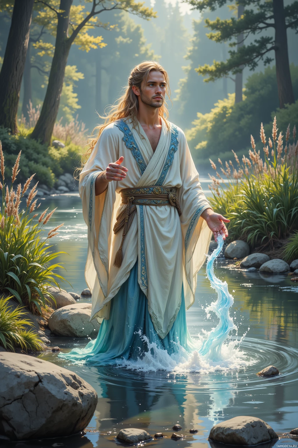 A person in a flowing robe stands by a serene river, with water swirling around their feet.
