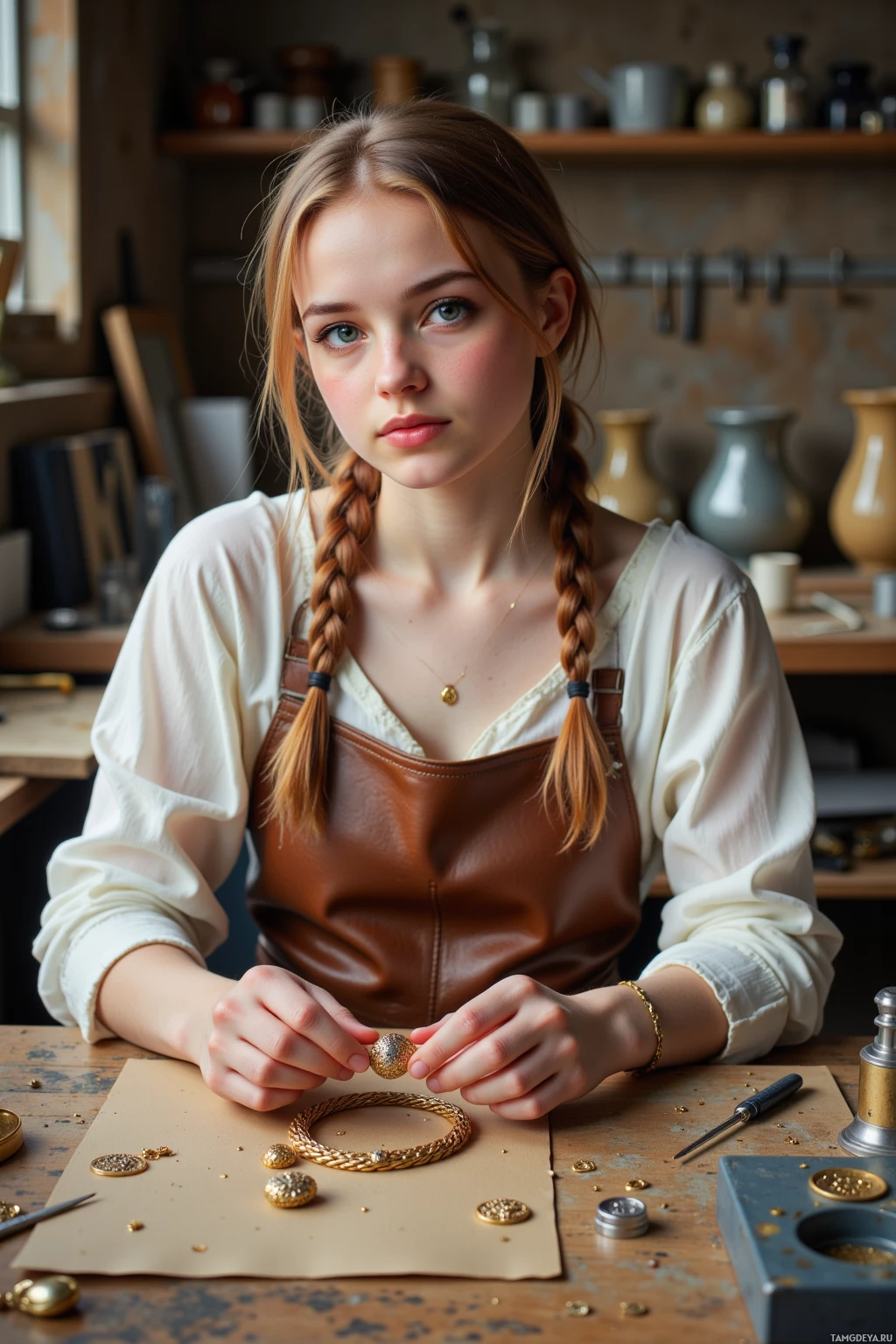 A person wearing a white shirt and brown apron is working on a piece of jewelry in a workshop setting.