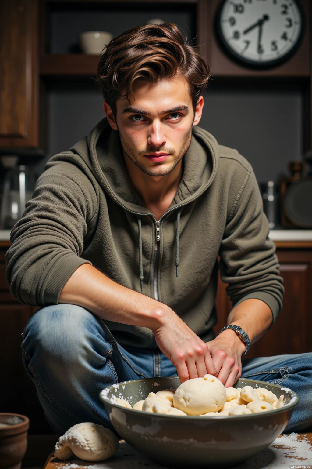 A person kneading dough in a bowl on a kitchen counter.