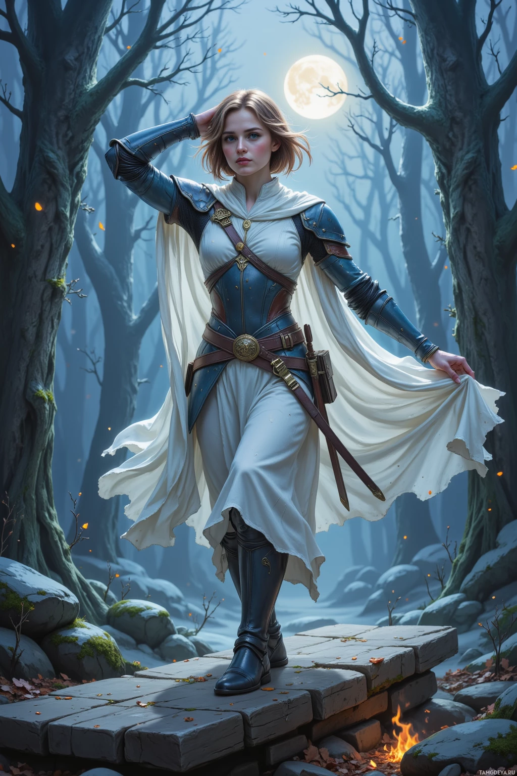 A woman in a fantasy-style outfit stands on a stone path in a misty forest under a full moon.