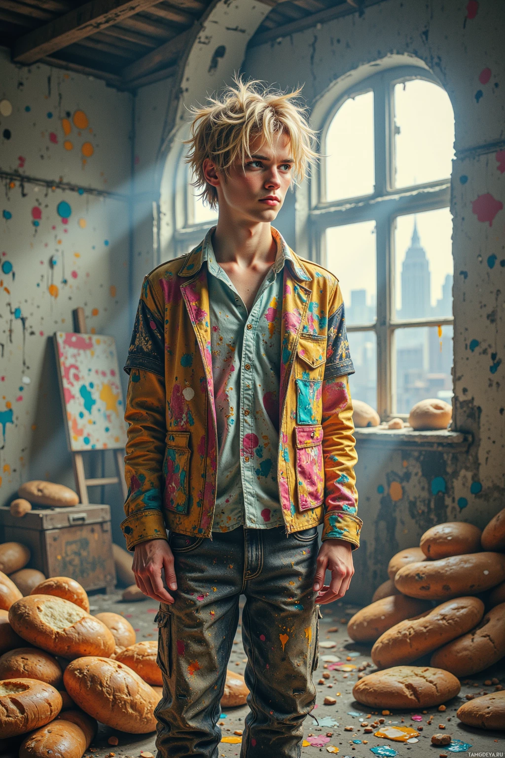 A person stands in a room with paint splatters, wearing a colorful jacket and jeans, surrounded by bread.