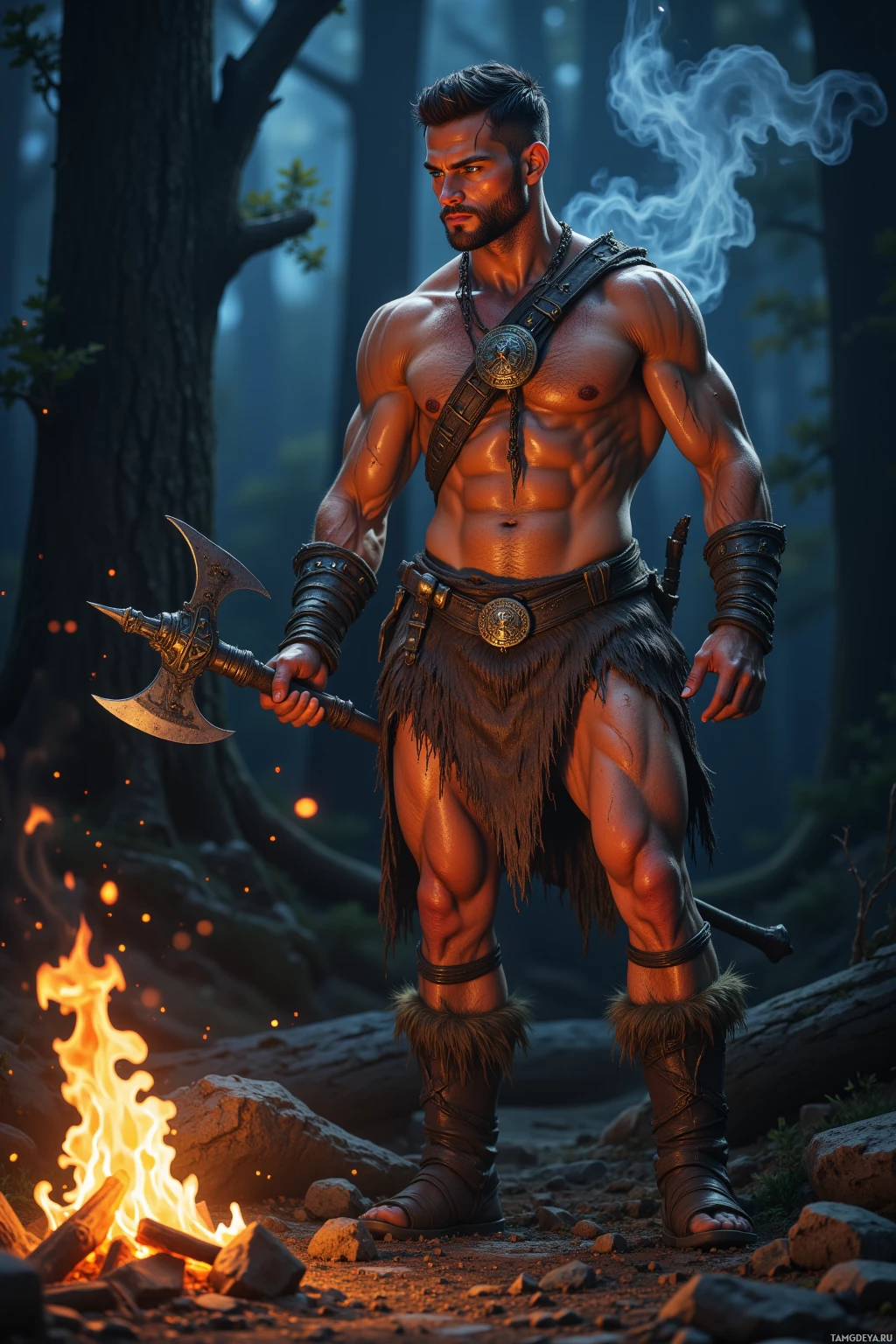 A muscular man stands in a forest, holding an axe, with a campfire nearby.