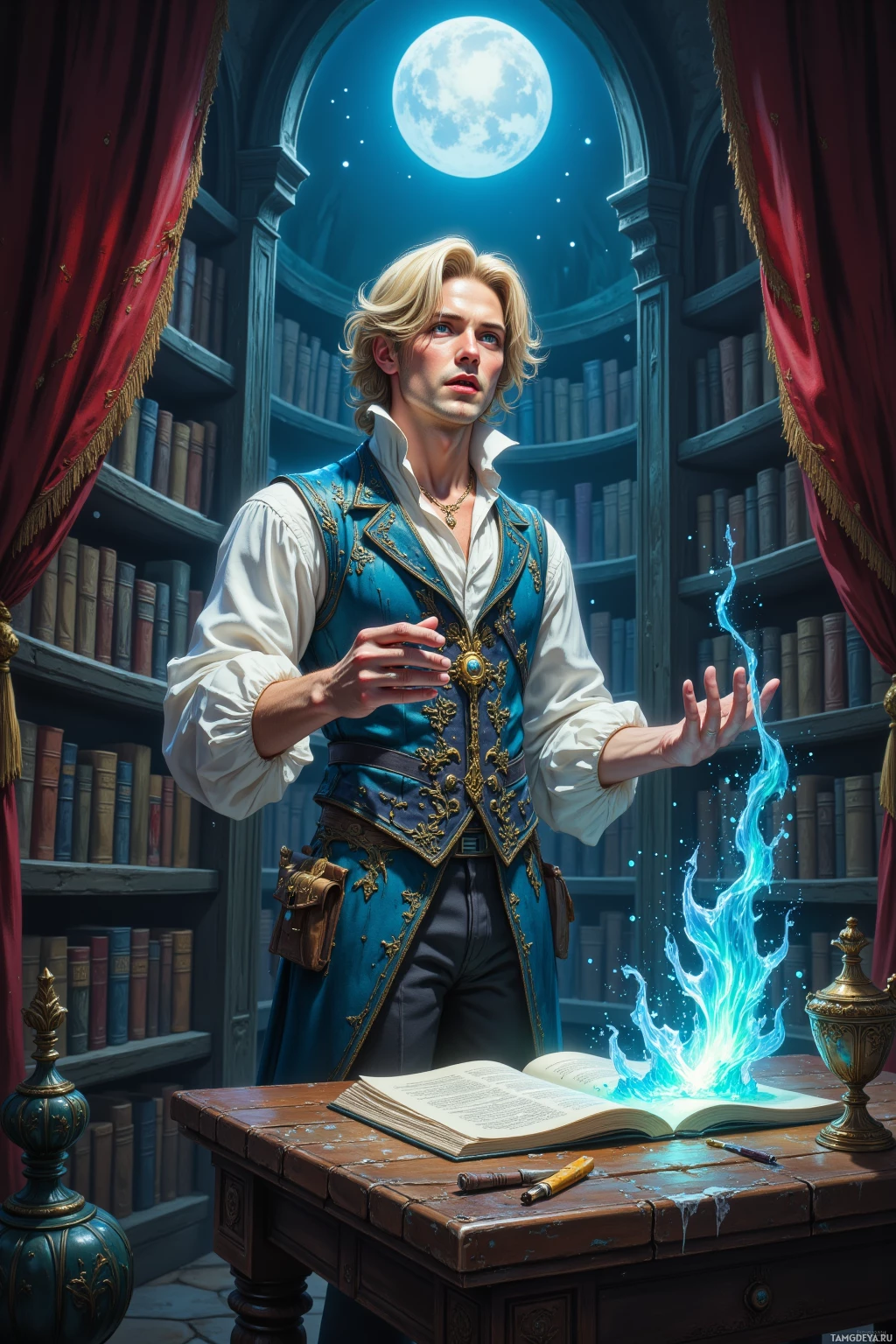 A man in a blue vest stands in a library with a glowing blue flame emanating from an open book on a table.