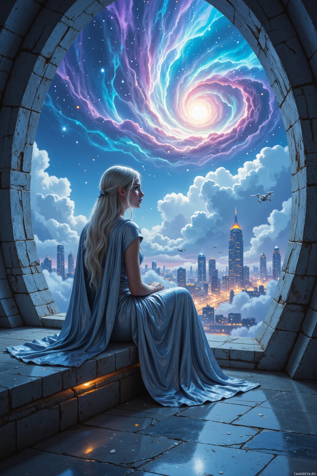 A woman in a flowing blue dress sits on a stone ledge, gazing at a vibrant, futuristic cityscape with a swirling galaxy above.