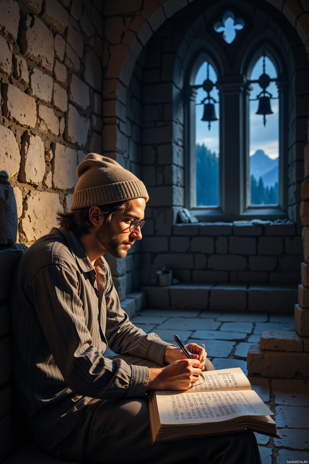A man sits by a window in a stone room, writing in a book.