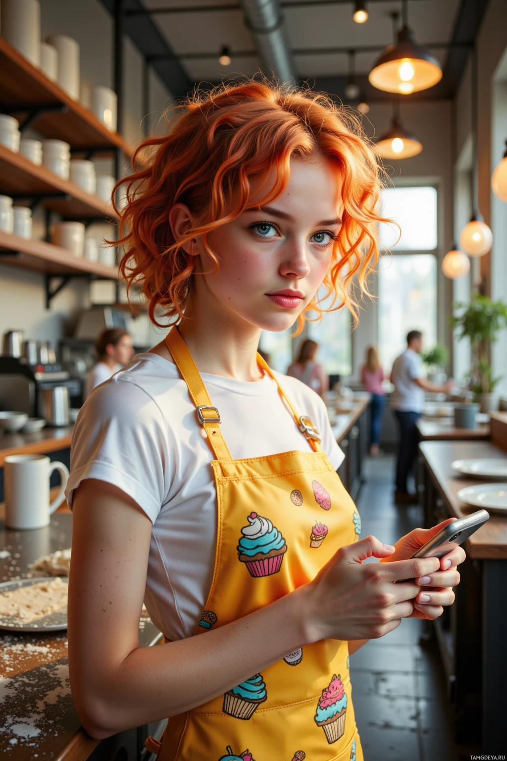 A person wearing a yellow apron with cupcake designs is holding a phone in a café setting.