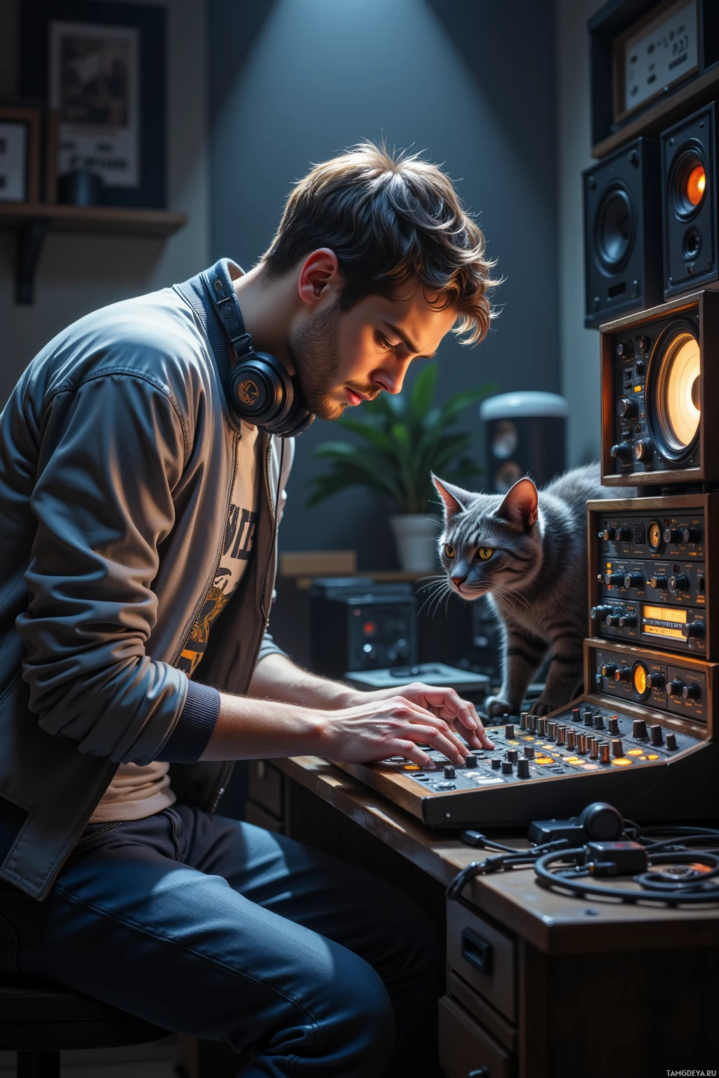 A person is working at a mixing console in a studio with a cat nearby.