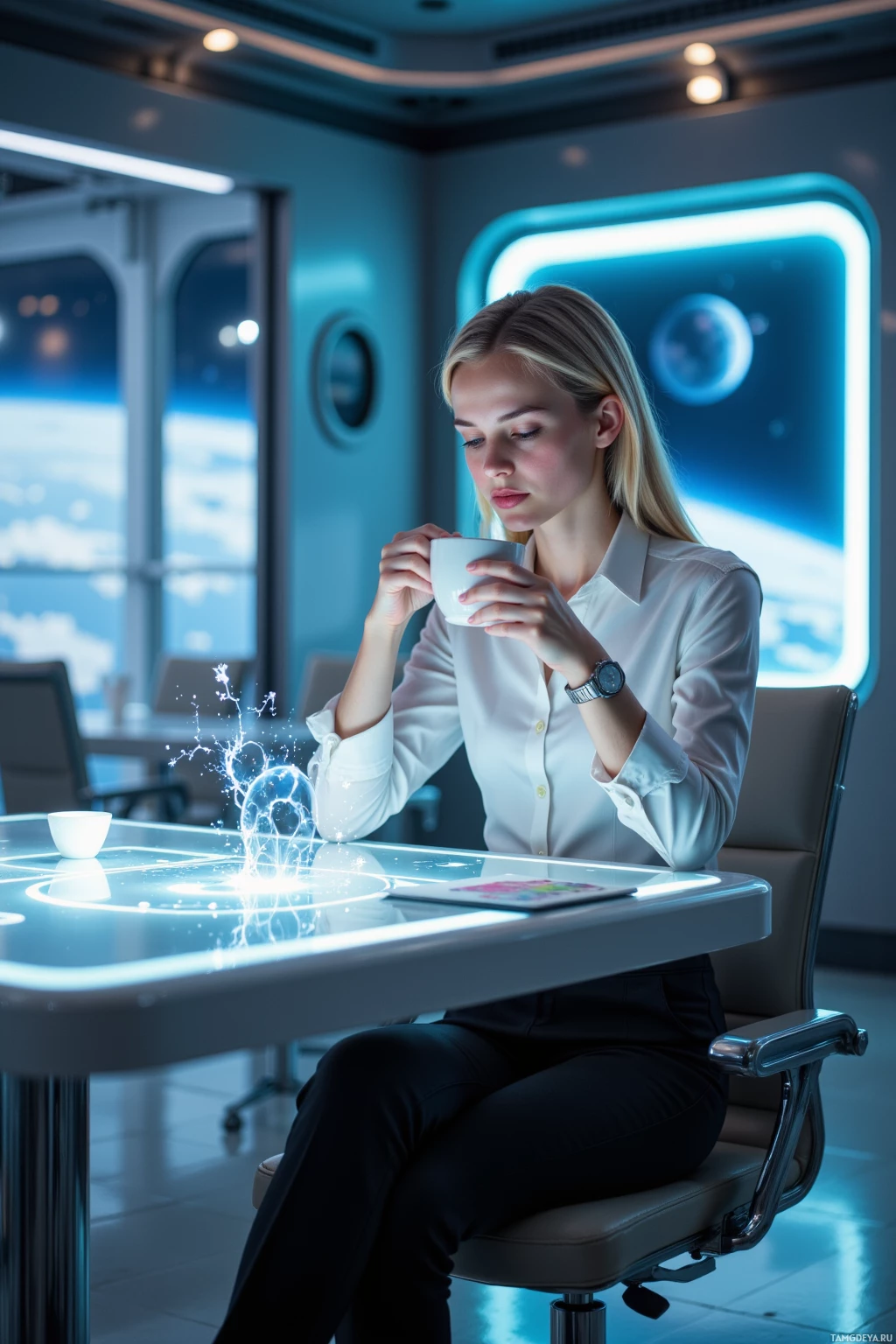 A woman in a white shirt sits at a futuristic desk, holding a cup, with a glowing tablet and a view of space through a window.