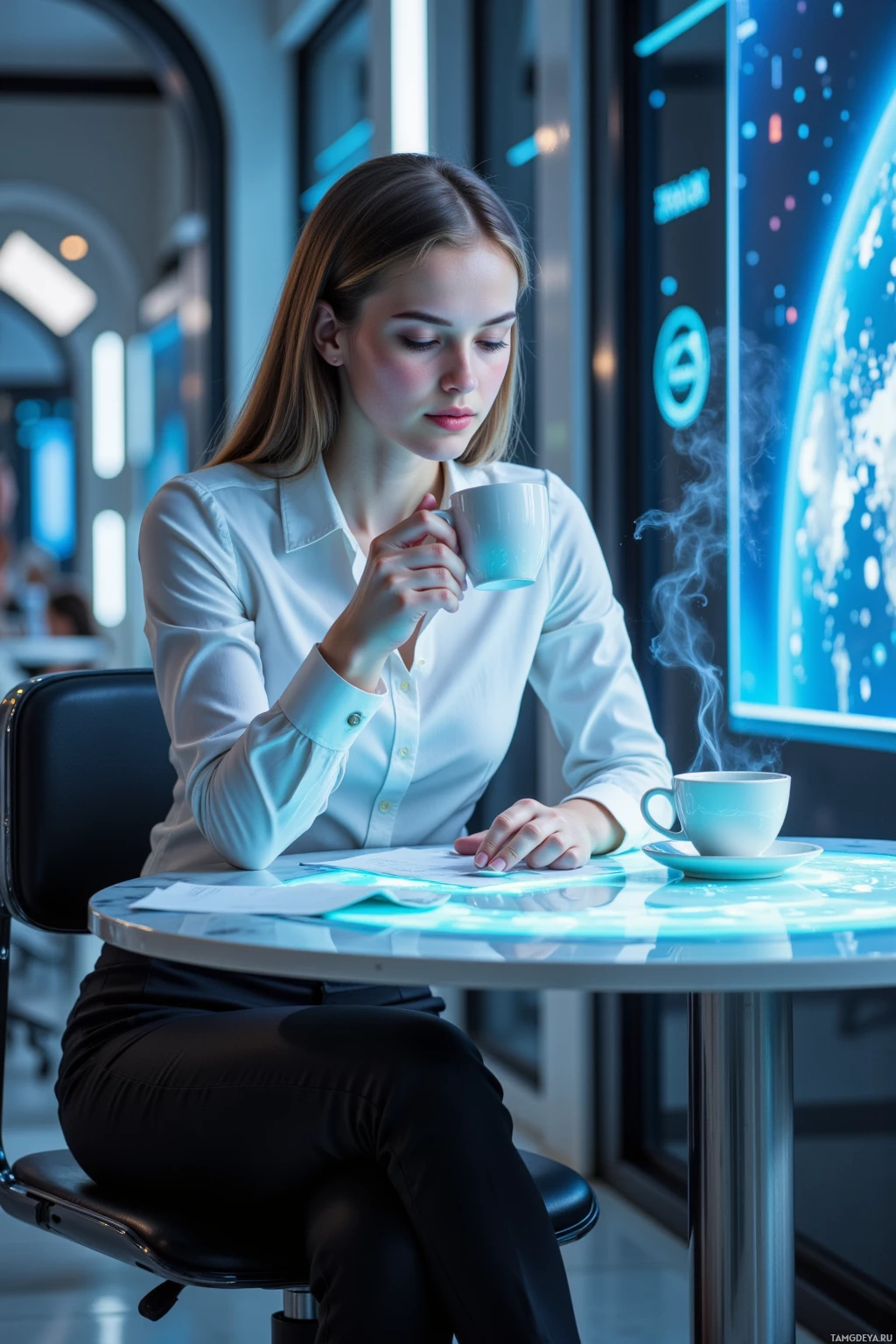 A woman in a white shirt sits at a table with a steaming cup of coffee, surrounded by modern office decor.