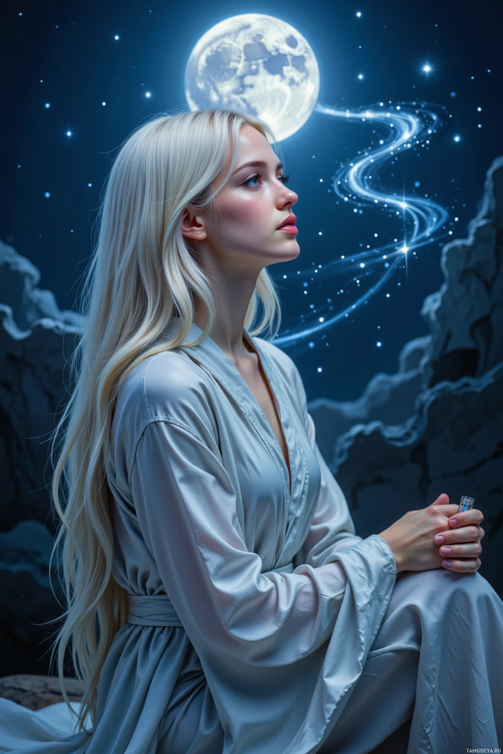 A woman in a silky robe sits contemplatively under a night sky with a full moon and twinkling stars.