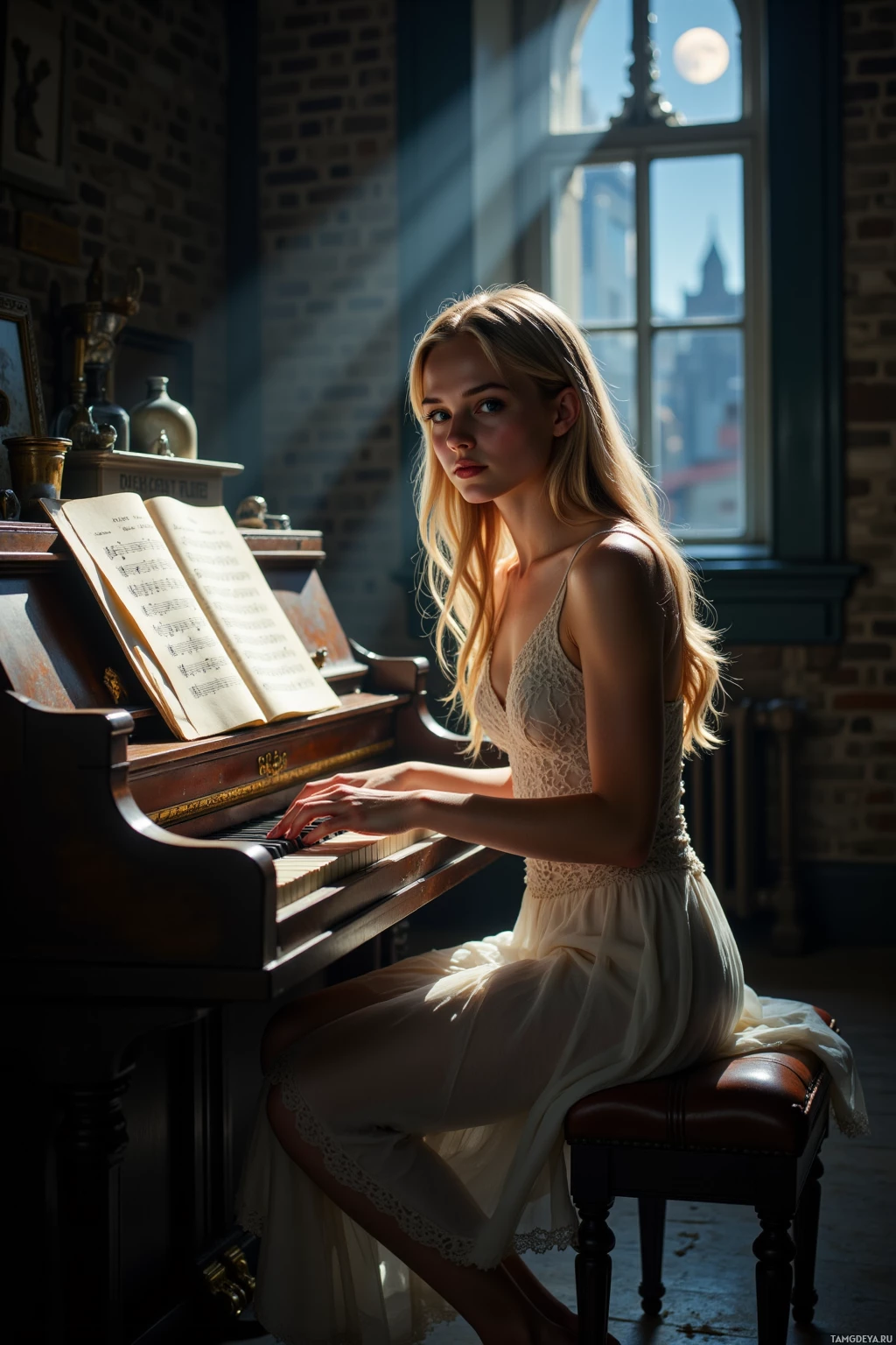 A woman in a white dress sits at a piano, bathed in sunlight streaming through a window.