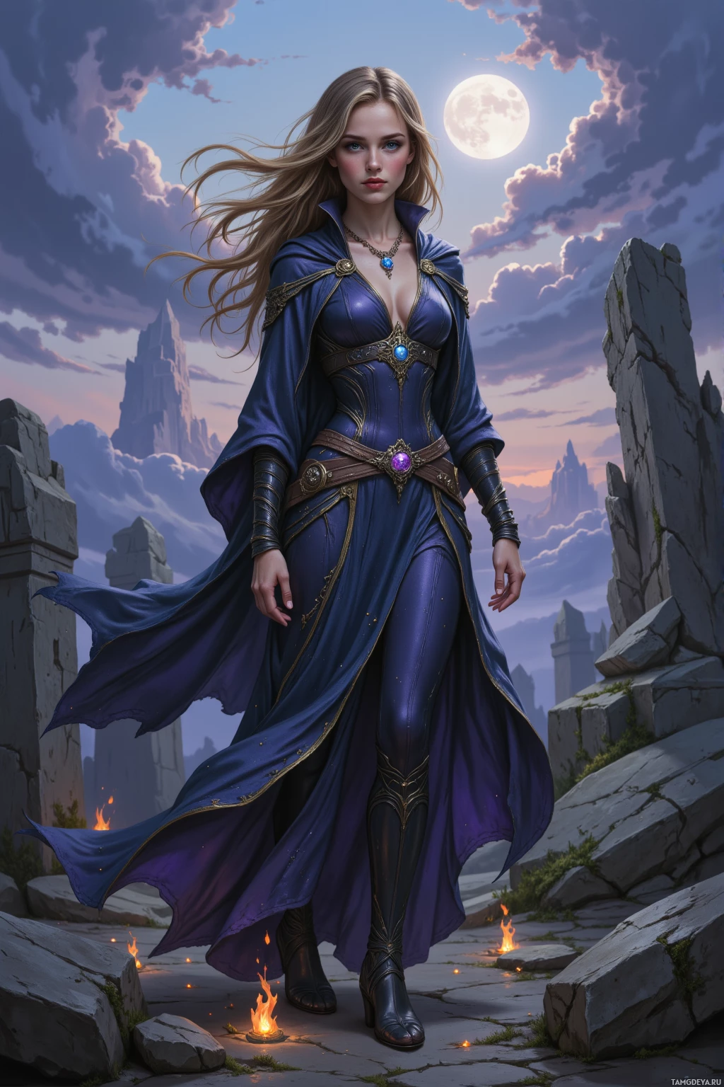 A woman in a flowing blue robe stands amidst ruins under a moonlit sky.