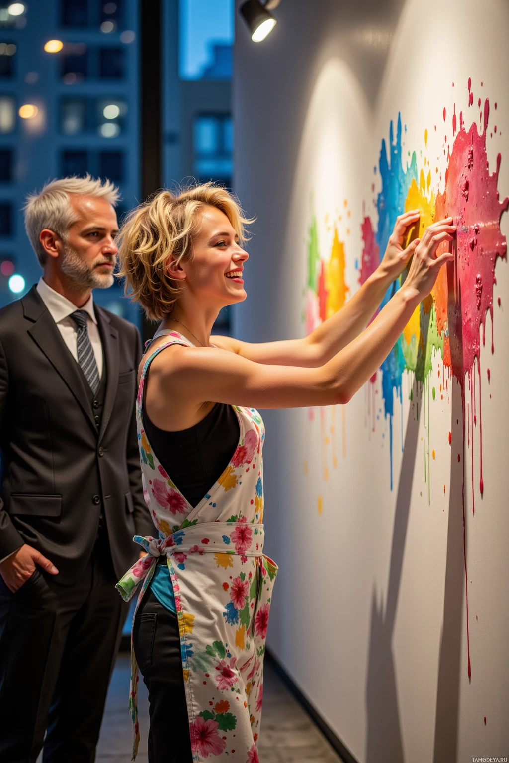 A woman in a floral dress interacts with colorful paint splatters on a wall while a man in a suit observes.