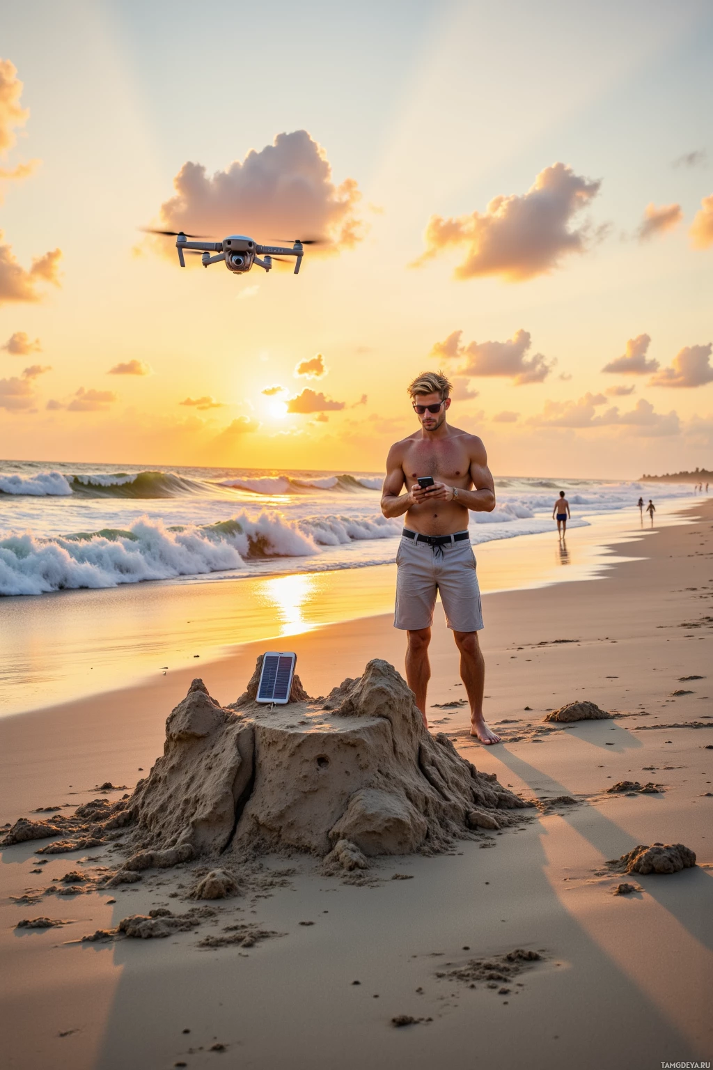 A man stands on a beach at sunset, holding a phone, with a drone flying overhead and a sandcastle nearby.