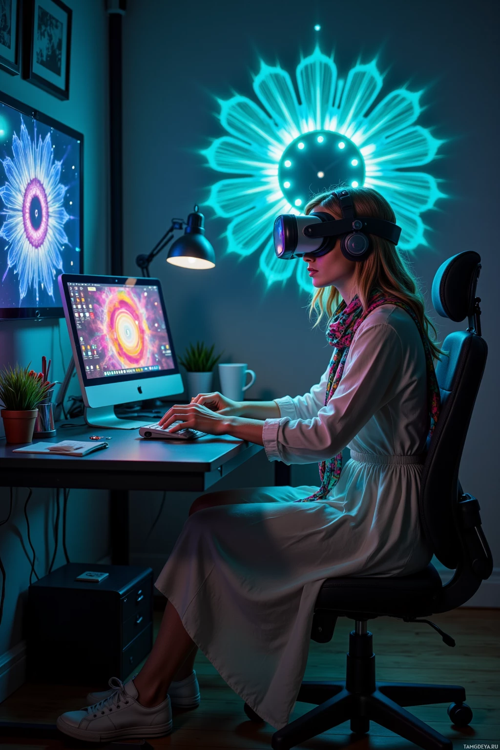 A person wearing a VR headset sits at a desk with a glowing flower design on the wall.