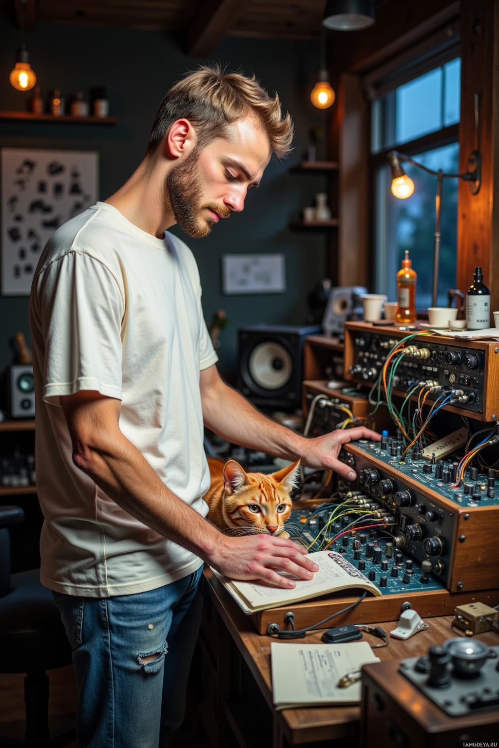 A man is working on a synthesizer in a cozy studio with a cat observing.