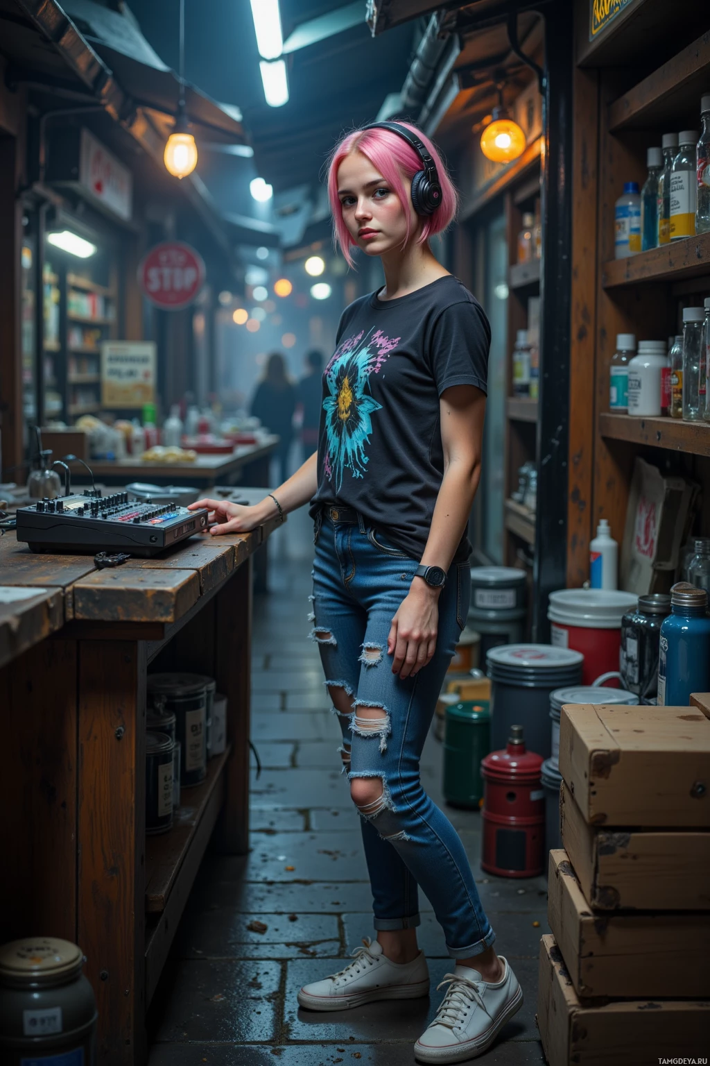 A person with pink hair wearing headphones and a graphic t-shirt stands in a dimly lit alleyway.