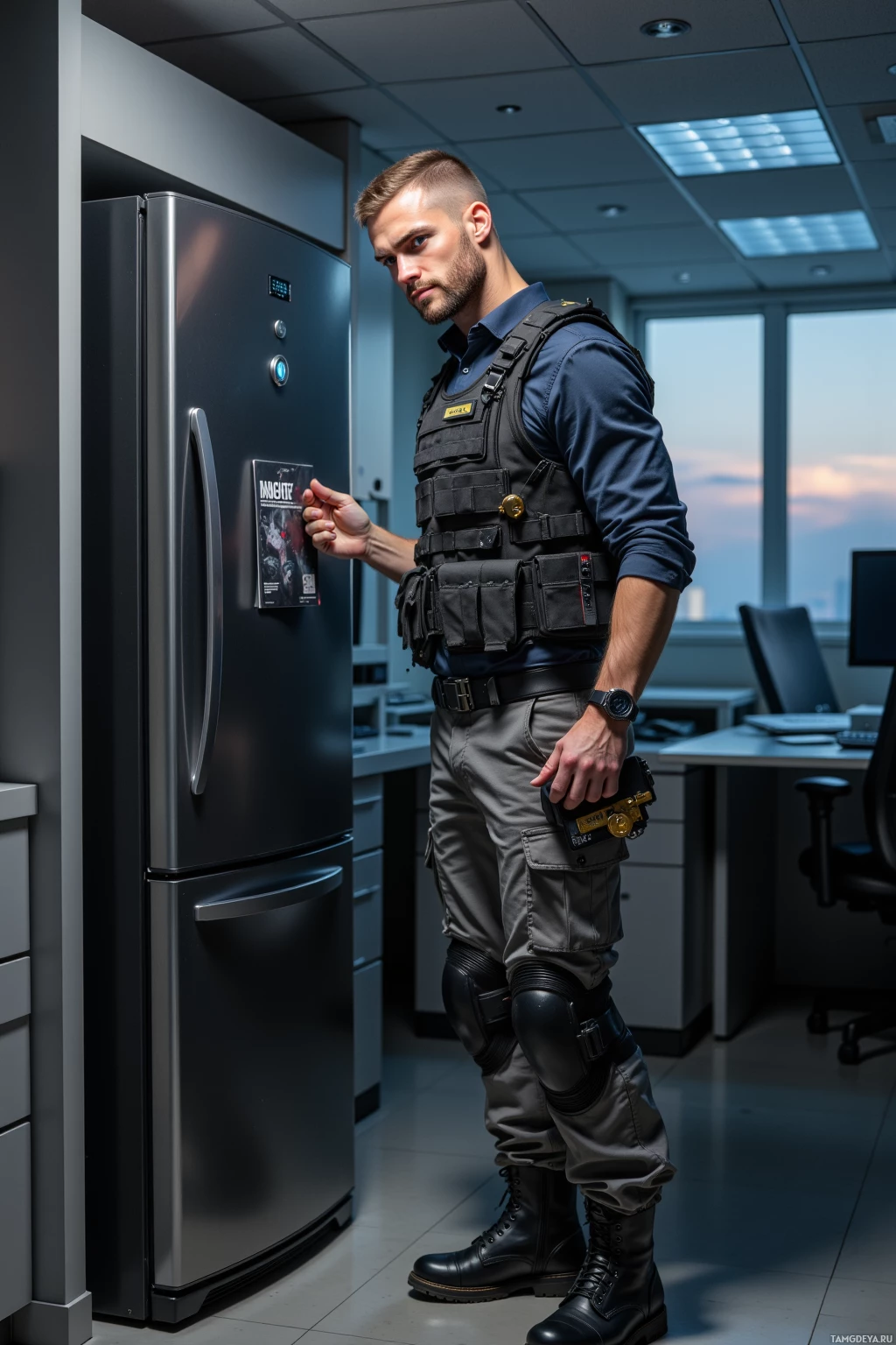 A man in tactical gear stands in an office, holding a magazine.