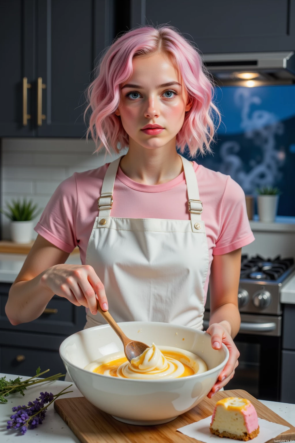 A person with pink hair wearing an apron holds a bowl of batter in a kitchen.