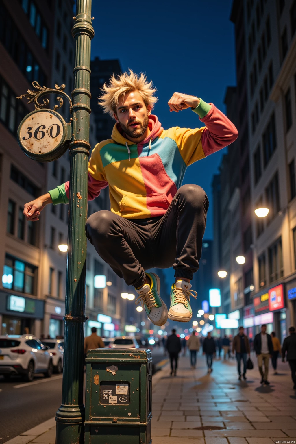 A person in a colorful hoodie is jumping in the air on a city street at night.