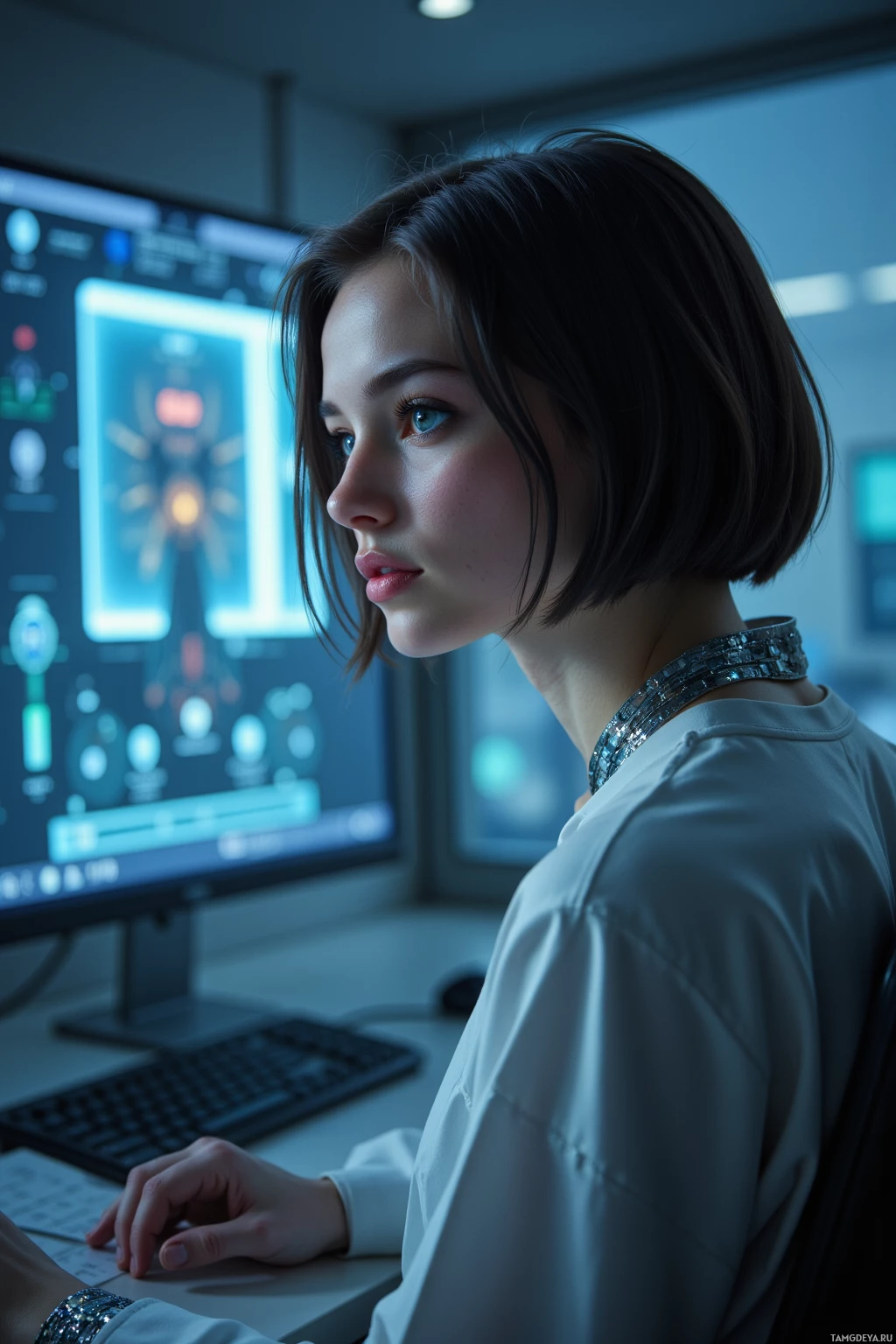 A person with short hair is seated at a desk, working on a computer with a futuristic display.