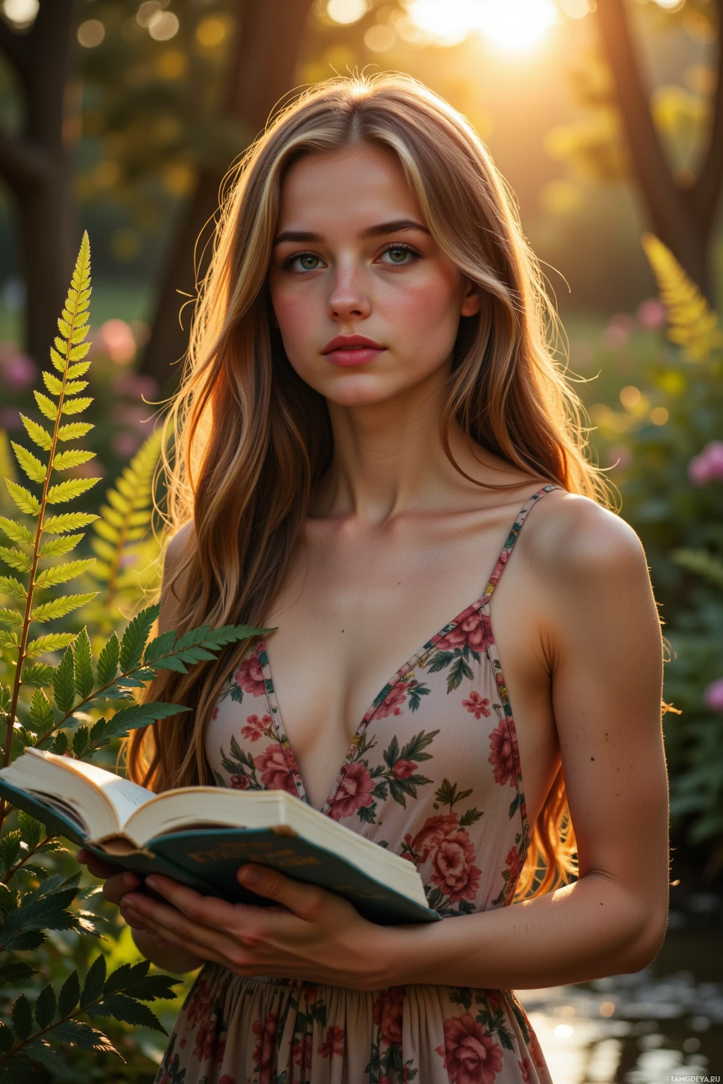 A woman in a floral dress holds an open book, surrounded by greenery and sunlight.