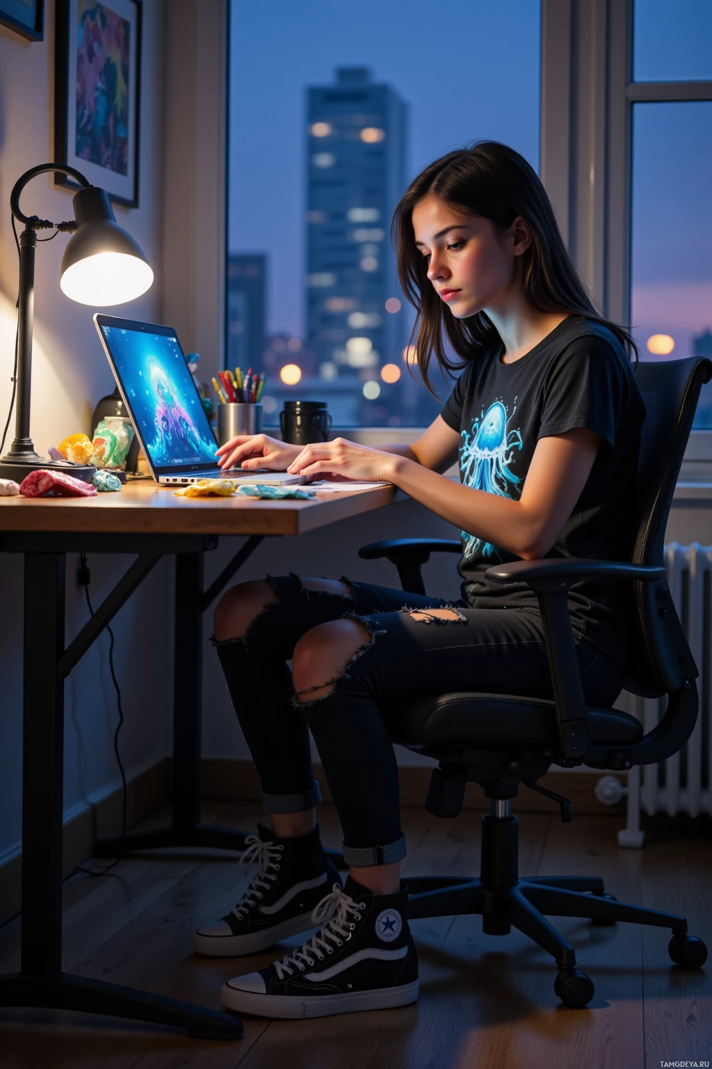A person is sitting at a desk in a dimly lit room, working on a laptop with a cityscape visible through the window.