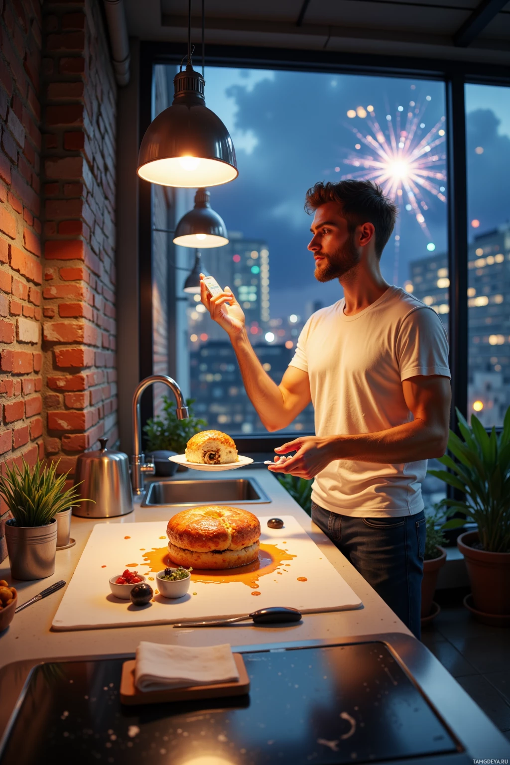 A man stands in a kitchen, holding a plate with a cake, while looking out a window at a cityscape with fireworks.
