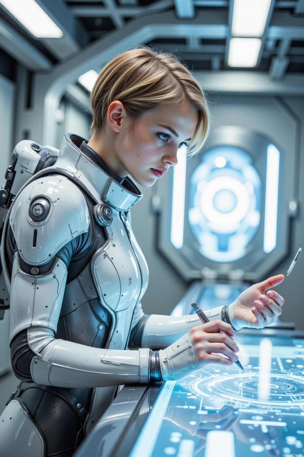 A person in a futuristic suit interacts with a high-tech interface in a sci-fi setting.