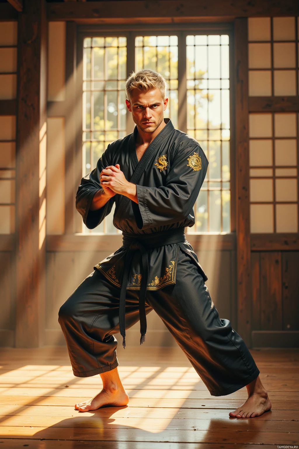 A man in a black martial arts uniform stands in a fighting stance in a wooden room.