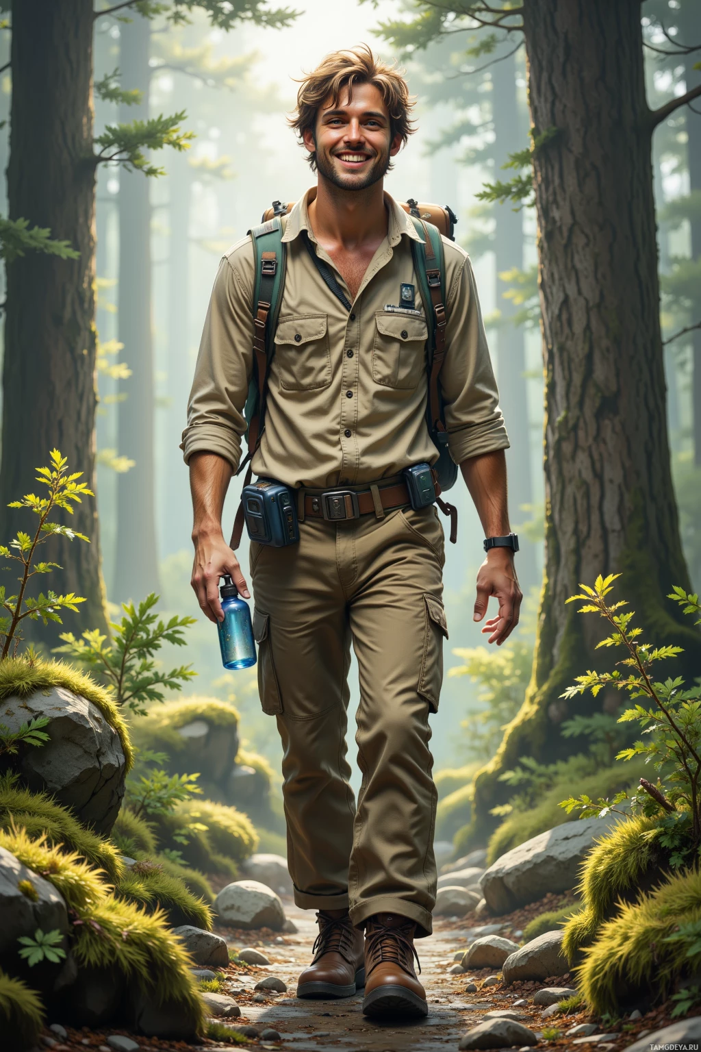 A man in a forest setting, wearing outdoor gear and holding a water bottle.