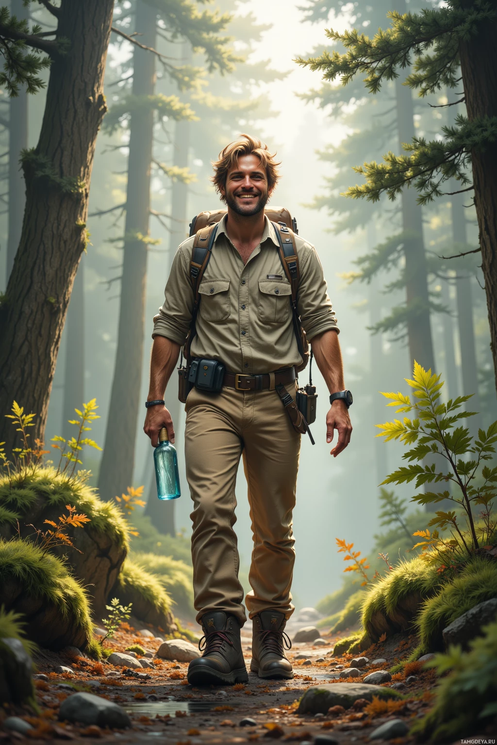A man in a forest setting, wearing outdoor gear and holding a water bottle, smiles at the camera.
