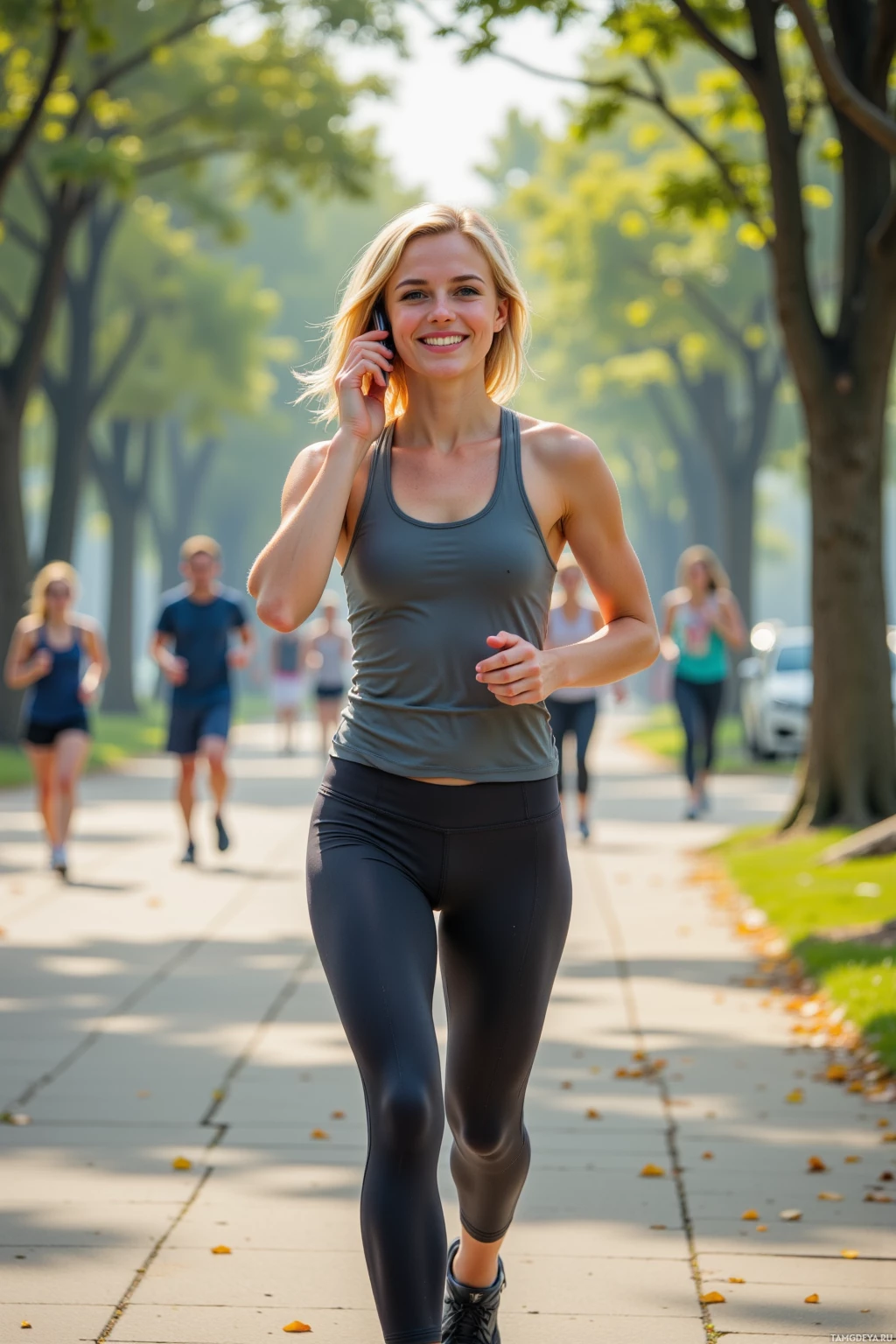 A woman in athletic wear is walking on a sidewalk while talking on a phone.