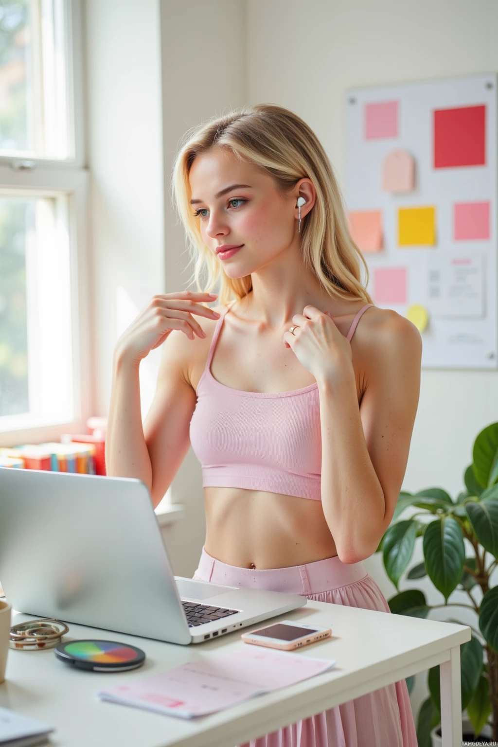 A woman in a pink top is sitting at a desk with a laptop, phone, and other items, appearing to work or study.