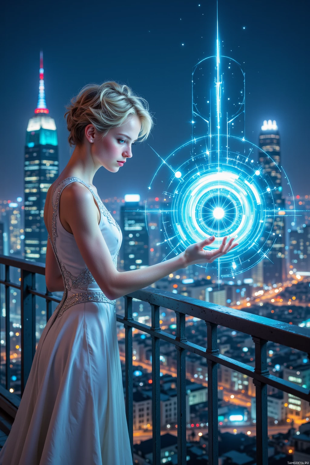 A woman in a white dress stands on a balcony overlooking a futuristic cityscape at night.